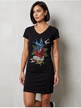 Ed Hardy ,Black V-Neck Dress with Rhinestone Swallow & Rose Graphic